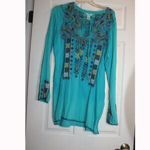 Sundance Heavily Embroidered Turquoise Long Sleeve Top/Tunic Size L